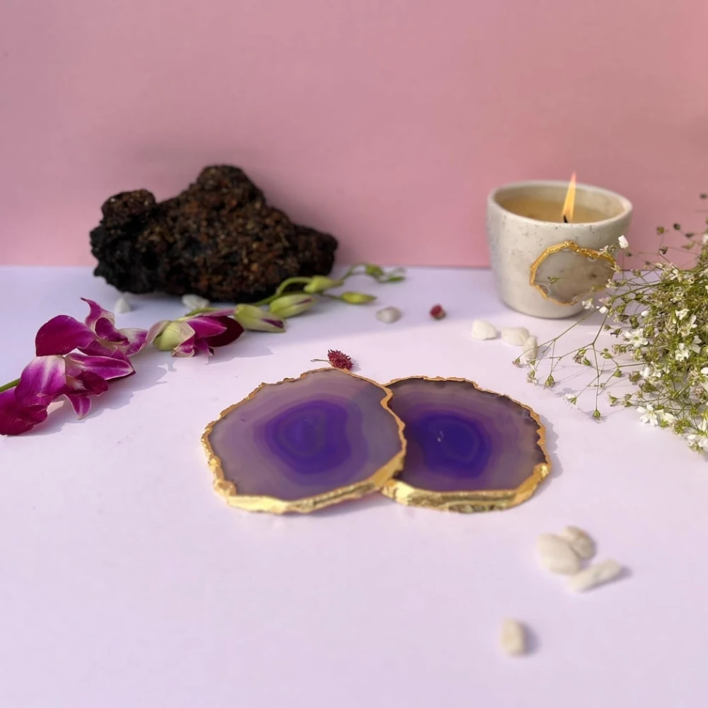 Agatesvibe Brazilian Agate Stone Coaster Beautiful Coaster Fit for Tea Cups Coffee Mugs and Glasses Perfect Table Accessories Tableware (4, Purple)