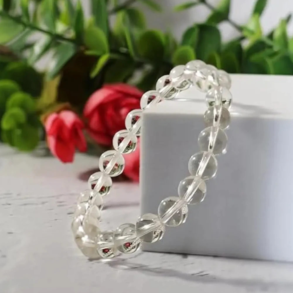 Agatesvibe Handmade Gem Semi Precious Gemstone 8mm Round Beads Stretch Bracelet (Clear Quartz)