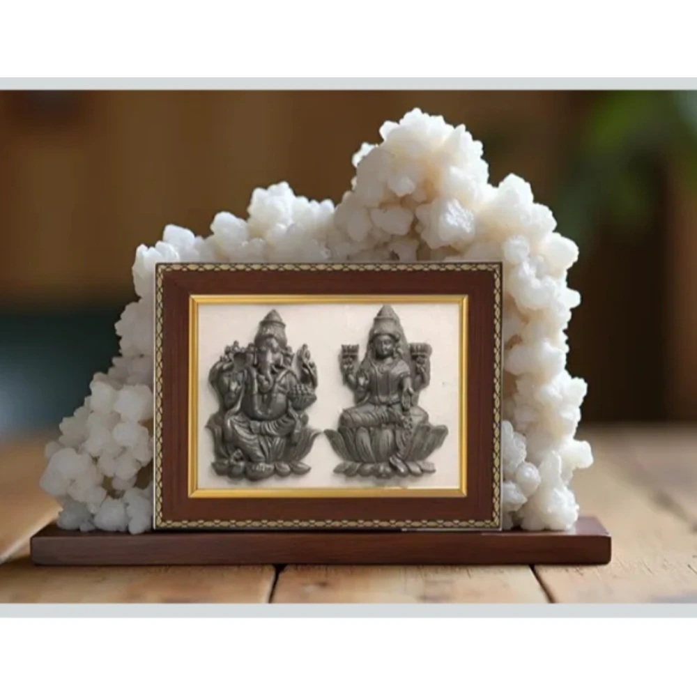 Agatesvibe Laxmi & Ganesh Frame with Selenite and Pyrite | Wooden Vastu Wall Decor for Living Room & Office | Original Pyrite Dust with Selenite for Wealth, Prosperity, Protection, Chakra Healing & Positive Energy