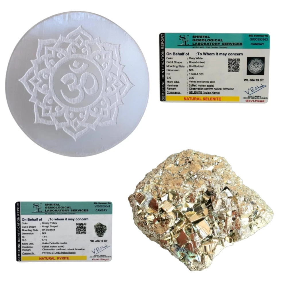 Natural Selenite Crystal Charging Plate with Om Mandala Design and Pyrite Stone Set, Lab Certified for Reiki Healing, Bussiness,Wealth Creation.