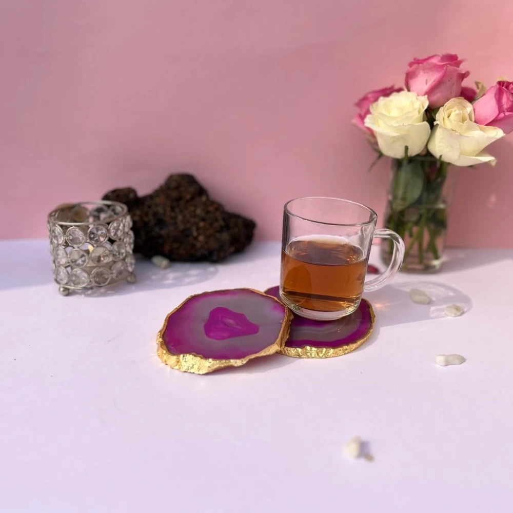 Agatesvibe Brazilian Agate Stone Coaster Beautiful Coaster Fit for Tea Cups Coffee Mugs and Glasses Perfect Table Accessories Tableware (Pack of 1) (Pink Agate Set of 2)
