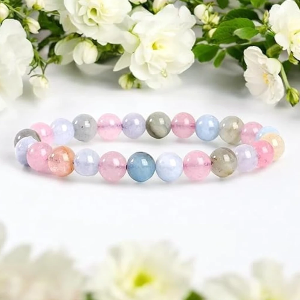 Agatesvibe Natural Certified 8mm Healing Crystal Bracelet | Stretchable, Suitable for Men and Women | for Chakra Balancing, Inner Peace, Abundance, and overall Well-being (Pack of 1) (Morganite)