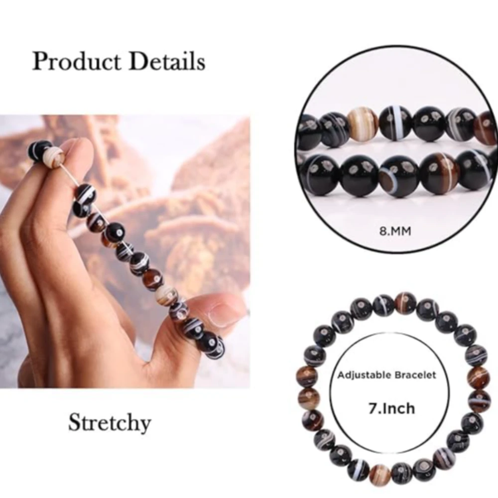 Agatesvibe Crystal Bracelet for Men & Women (8mm) | Gemstone Round Beads Bracelet for Girls | Elastic Casual Bracelet for Boys | Natural Reiki Feng Shui Healing Stone Bracelet for Unisex Adults (PAck of 1) (Black Sulemani)