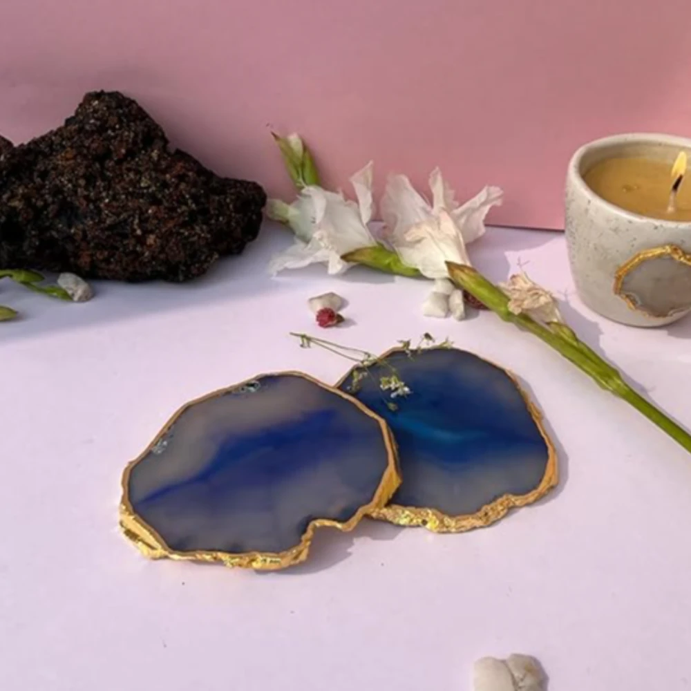 Agatesvibe Brazilian Agate Stone Coaster Beautiful Coaster Fit for Tea Cups Coffee Mugs and Glasses Perfect Table Accessories Tableware (1, Blue)