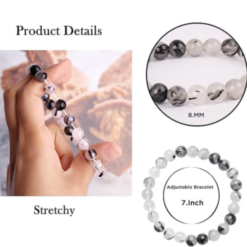 Agatesvibe Handmade Gem Semi Precious Gemstone 8mm Round Beads Stretch Bracelet (Black Rutilated)
