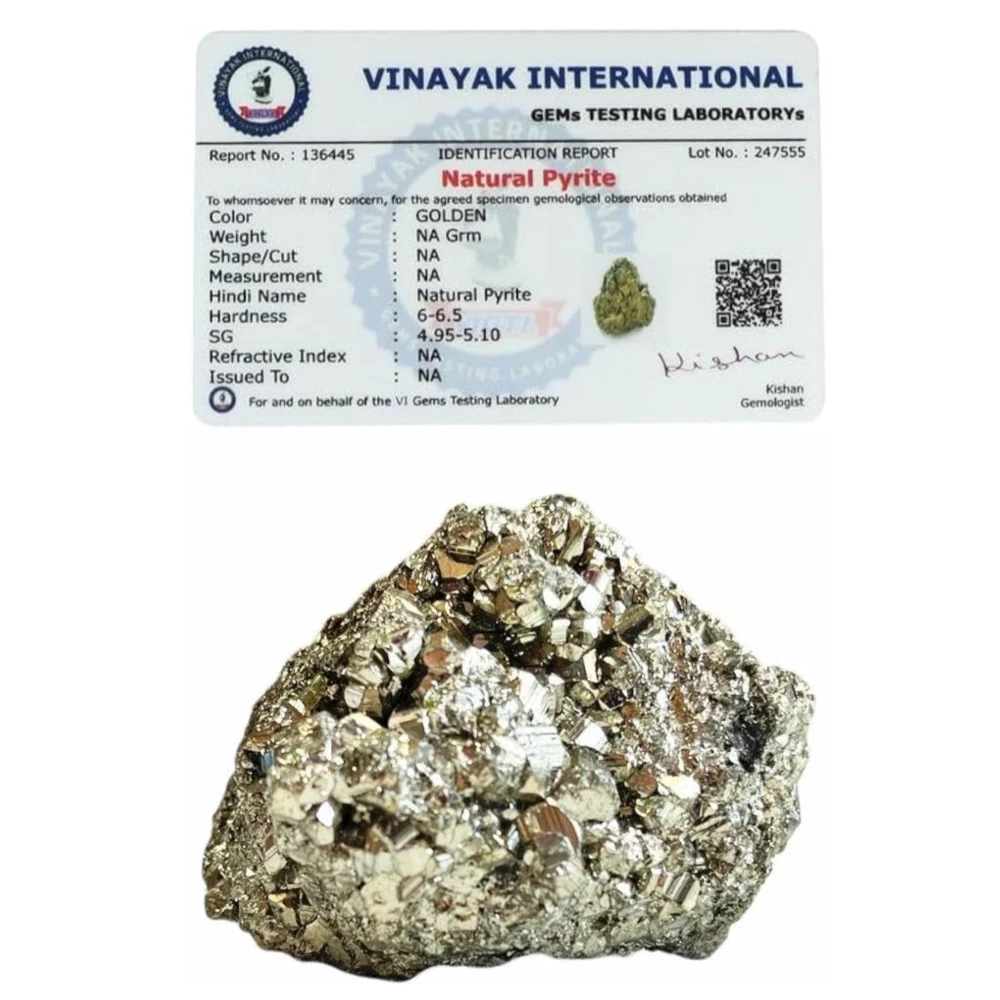 Agatesvibe Natural Energised Golden Pyrite Cluster Grade - Original Stone for Healing, Willpower, Money Manifestation, Vastu, and Business - Certified (Pack Of 1) (40-45 Gram)