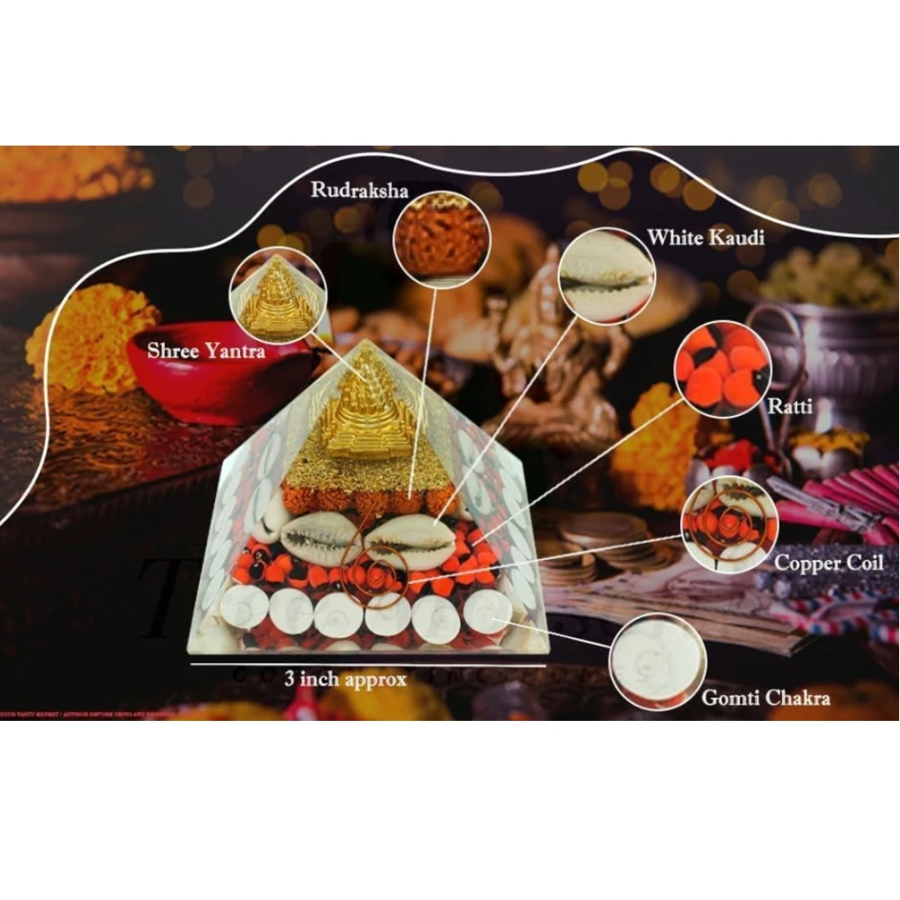 Agatesvibe Laxmi Pyramid 90mm Original Certified – Orgonite Shree Yantra Pyramid with Gomati Chakra, Rudraksha, Cowrie Kodi – Vastu Pooja Item for Home, Good Luck, Money & Wealth Attraction