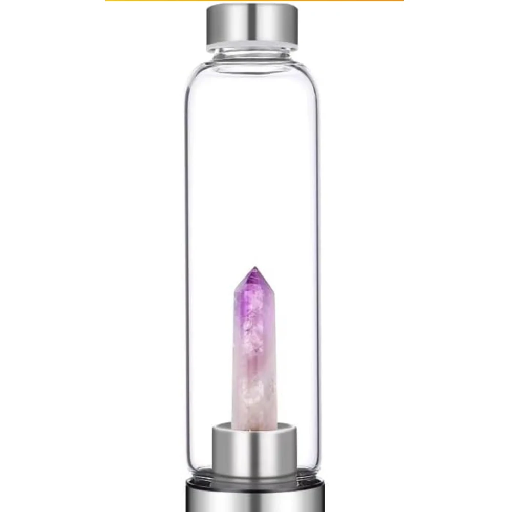 Agatesvibe Crystal Elixir Water Bottle 500ml Natural Gemstone Glass Bottle with Point Obelisk Wand & Leak Proof Stainless Steel Cap for Infused Gemwater (Amethyst)