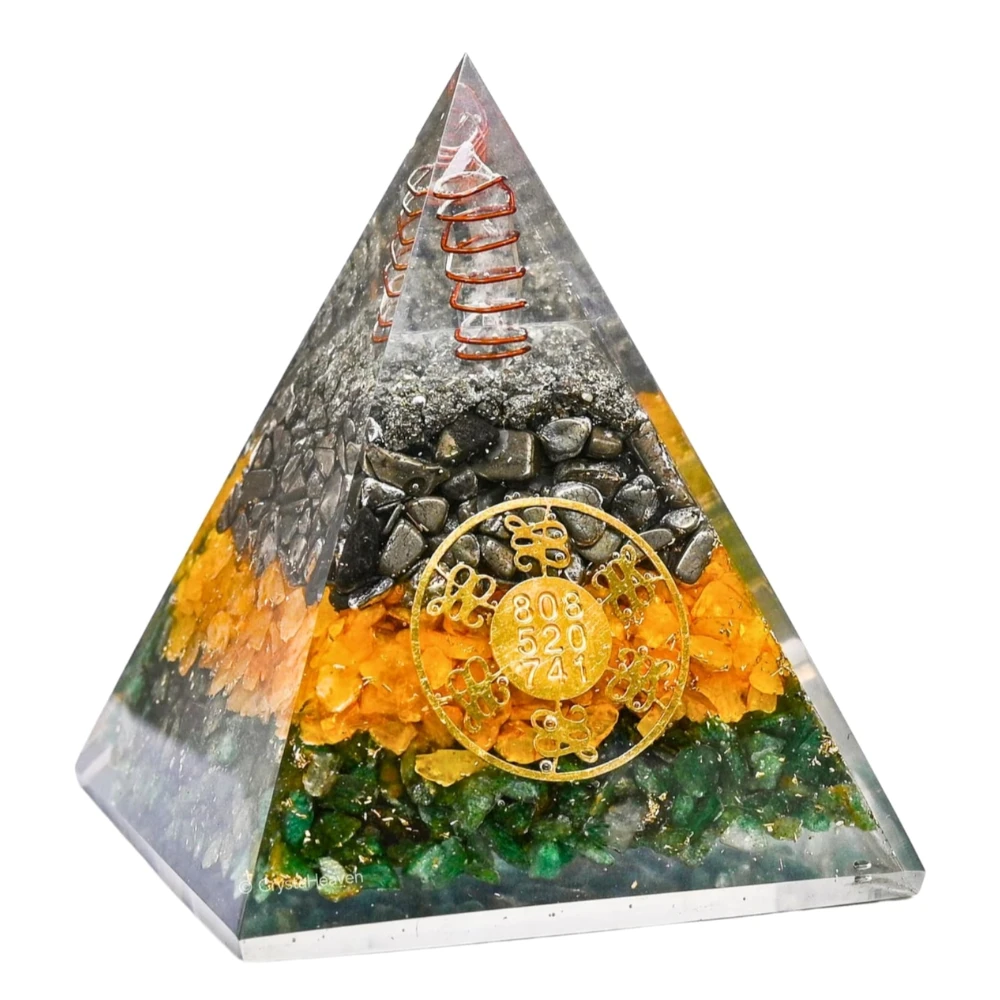 Money Magnet Pyrite Pyramid Vastu for Home - Certified Pyrite Citrine Green Aventurin Stone Original Pyramid with Zibu Symbol - Vastu Pyramid for Pooja, Financial Growth & Positive Energy