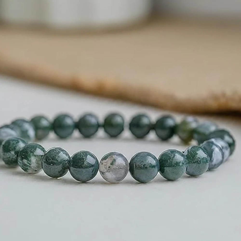 Agatesvibe Natural Certified 8mm Healing Crystal Bracelet | Unisex Stretchable Design | Chakra Balancing, Inner Peace & Abundance for Overall Well-being (Pack of 1) (Moss Agate)