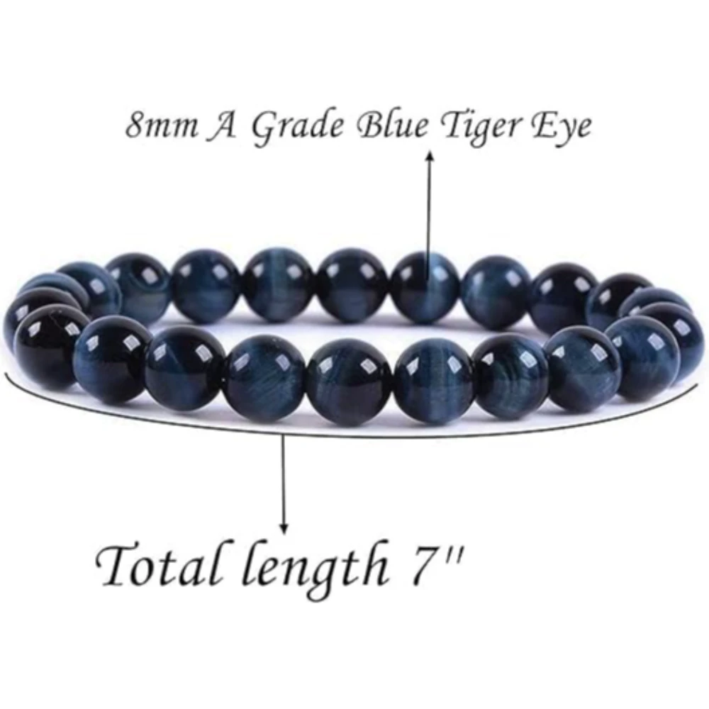 Agatesvibe Handmade Gem Semi-Precious Gemstone 8mm Round Beads Stretch Bracelet – 7" Unisex (Pack of 1) (Blue Tiger Eye)