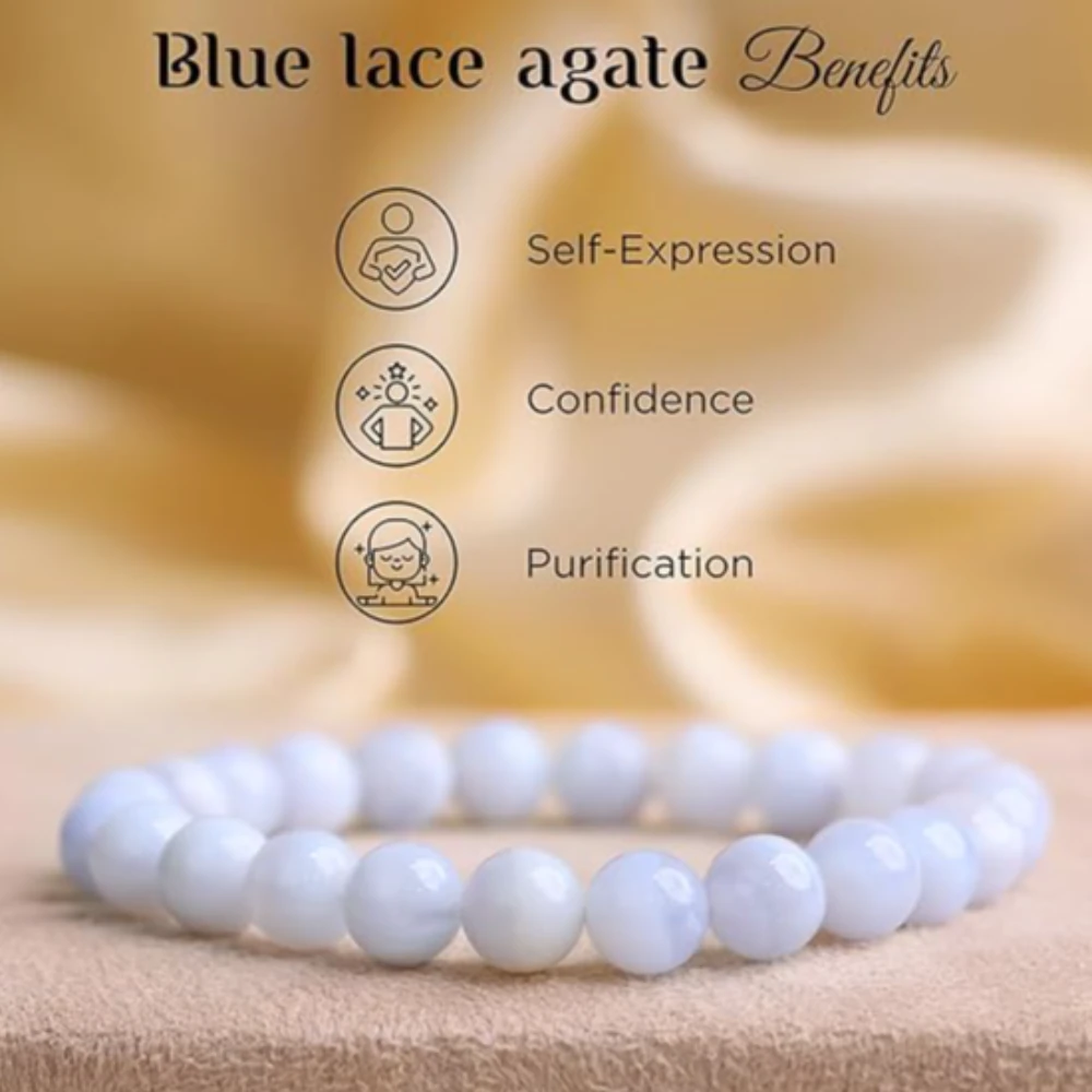 Agatesvibe Crystal Bracelet for Men & Women (8mm) | Gemstone Round Beads Bracelet for Girls | Elastic Casual Bracelet for Boys | Natural Reiki Feng Shui Healing Stone Bracelet for Unisex Adults (PAck of 1) (Colour: Blue Lace Agate)