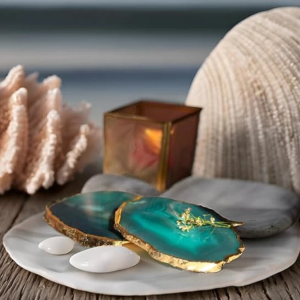 Agatesvibe Brazilian Agate Stone Coaster Beautiful Coaster Fit for Tea Cups Coffee Mugs and Glasses Perfect Table Accessories Tableware (Pack of 1) (Green Agate Set of 2)