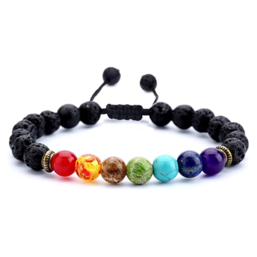 Agates Vibe 8mm Lava Rock Lava Rock 7 Chakra Beads Bracelet for Men & Women – Braided Rope Agate Stone Healing Energy Bangle (1-lava Chakra)