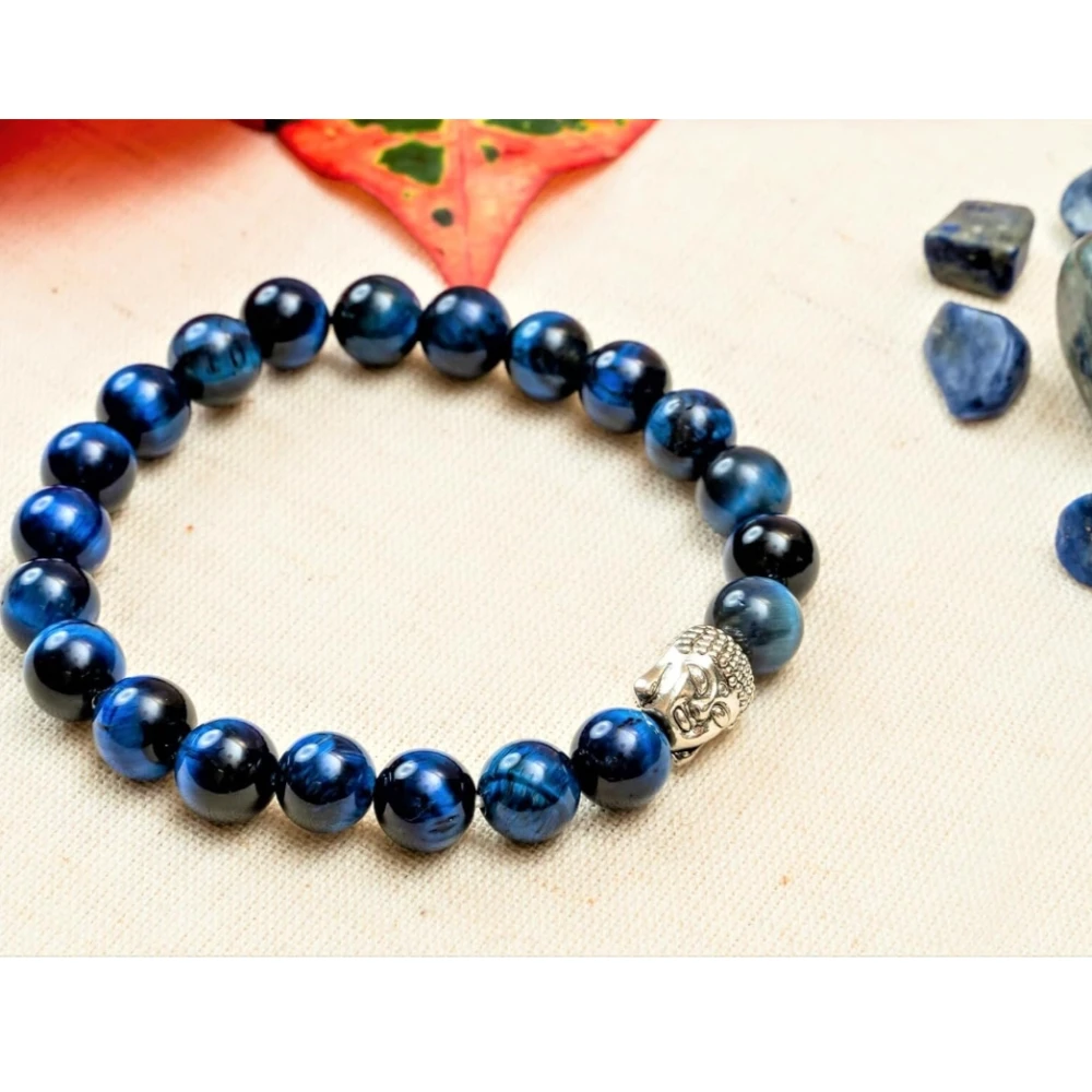 Agatesvibe Handmade Blue Tiger Eye Buddha Bracelet – Natural, Stretchable Yoga & Meditation Accessory for Chakra Balancing & Gift (Pack of 1)