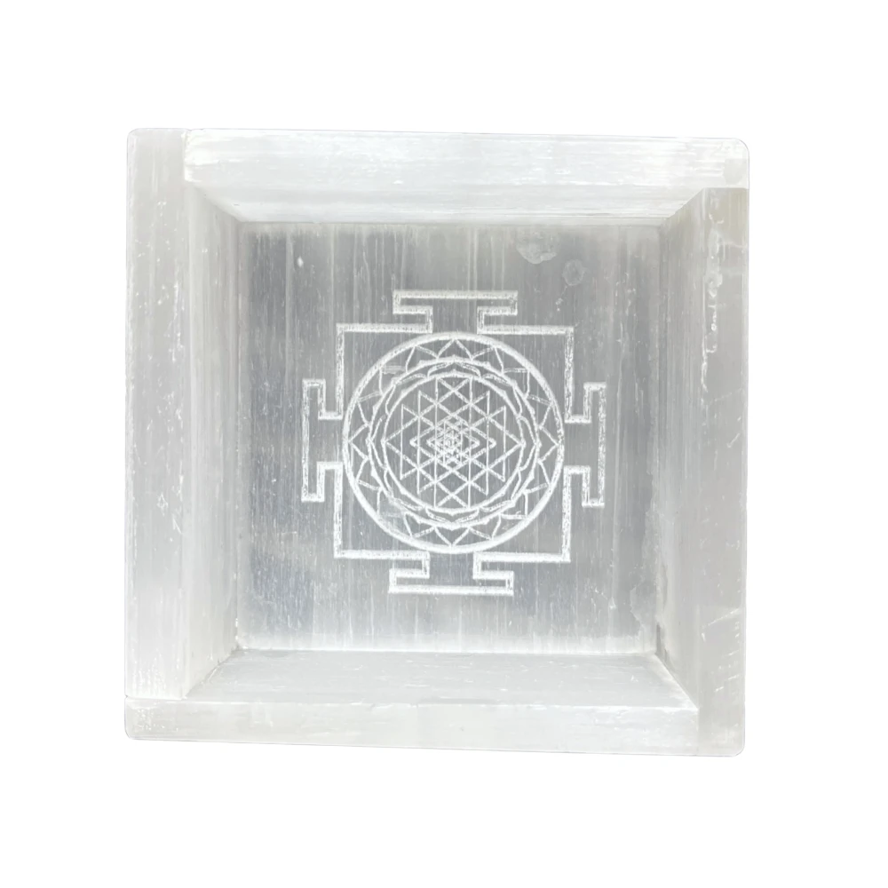 Natural Selenite Charging Box with Handcarved Shree Yantra
