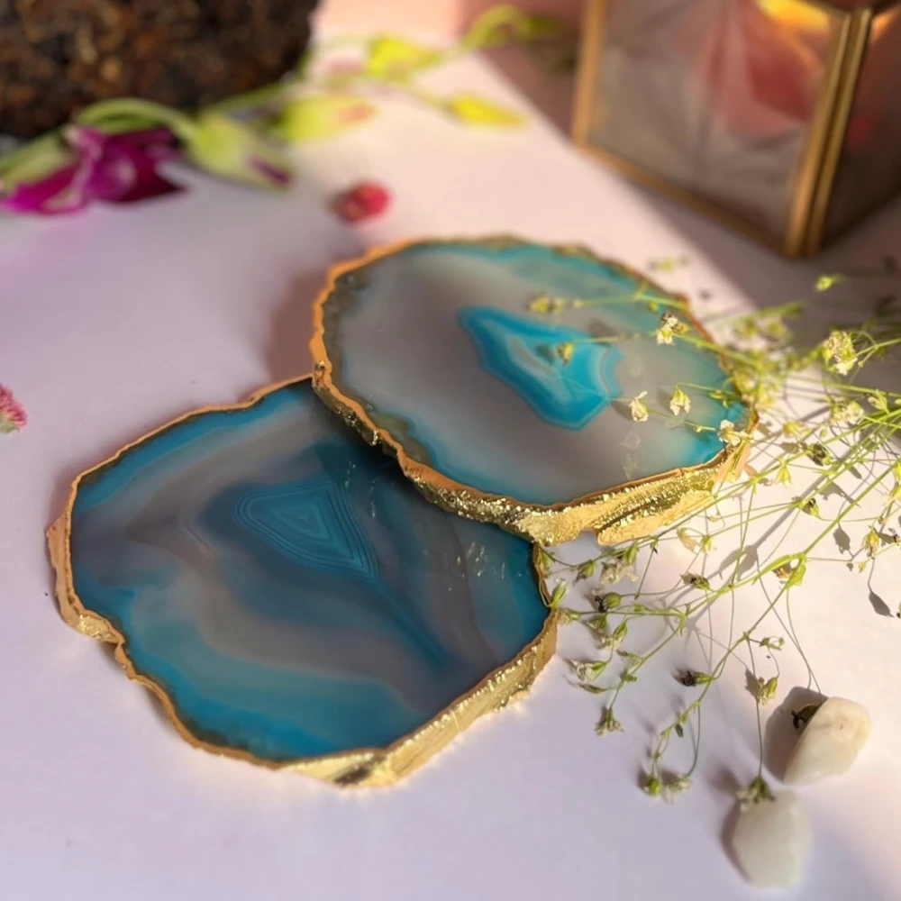 Agatesvibe Brazilian Agate Stone Coaster Beautiful Coaster Fit for Tea Cups Coffee Mugs and Glasses Perfect Table Accessories Tableware (Pack of 1) (Turquoise Agate Set of 2)
