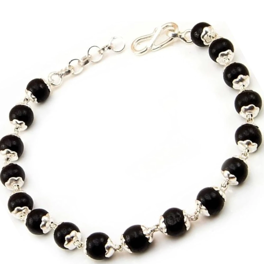 925 Silver Karungali Bracelet for Men & Women | Natural Ebony Wood Beads 7mm with Silver Capping | Adjustable Healing Bracelet with Length Extension Chain | Spiritual Protection Jewelry