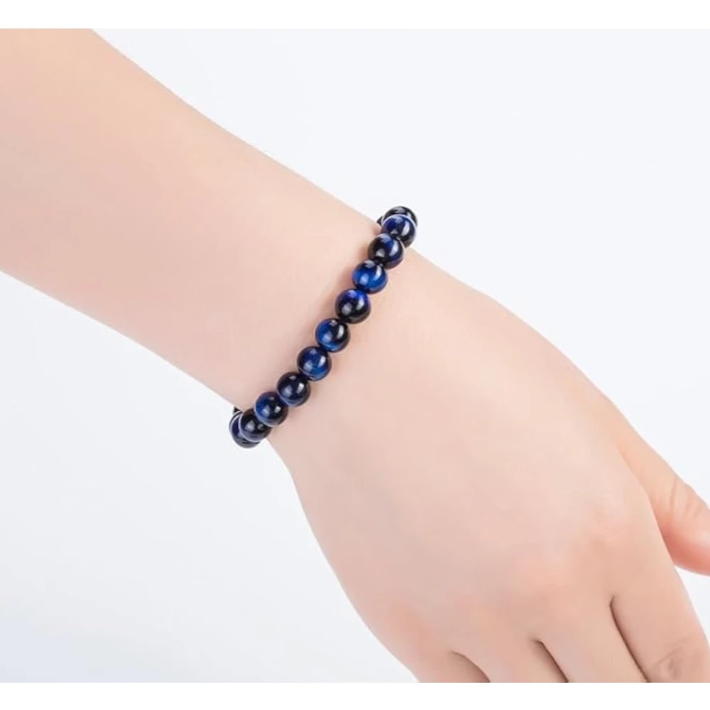 Agatesvibe "Men Women 8mm Natural Stone Beads Bracelet – Elastic Agate Yoga Healing Energy Bracelet Bangle – Unisex Jewelry for Meditation & Balance (Blue Tiger Eye)