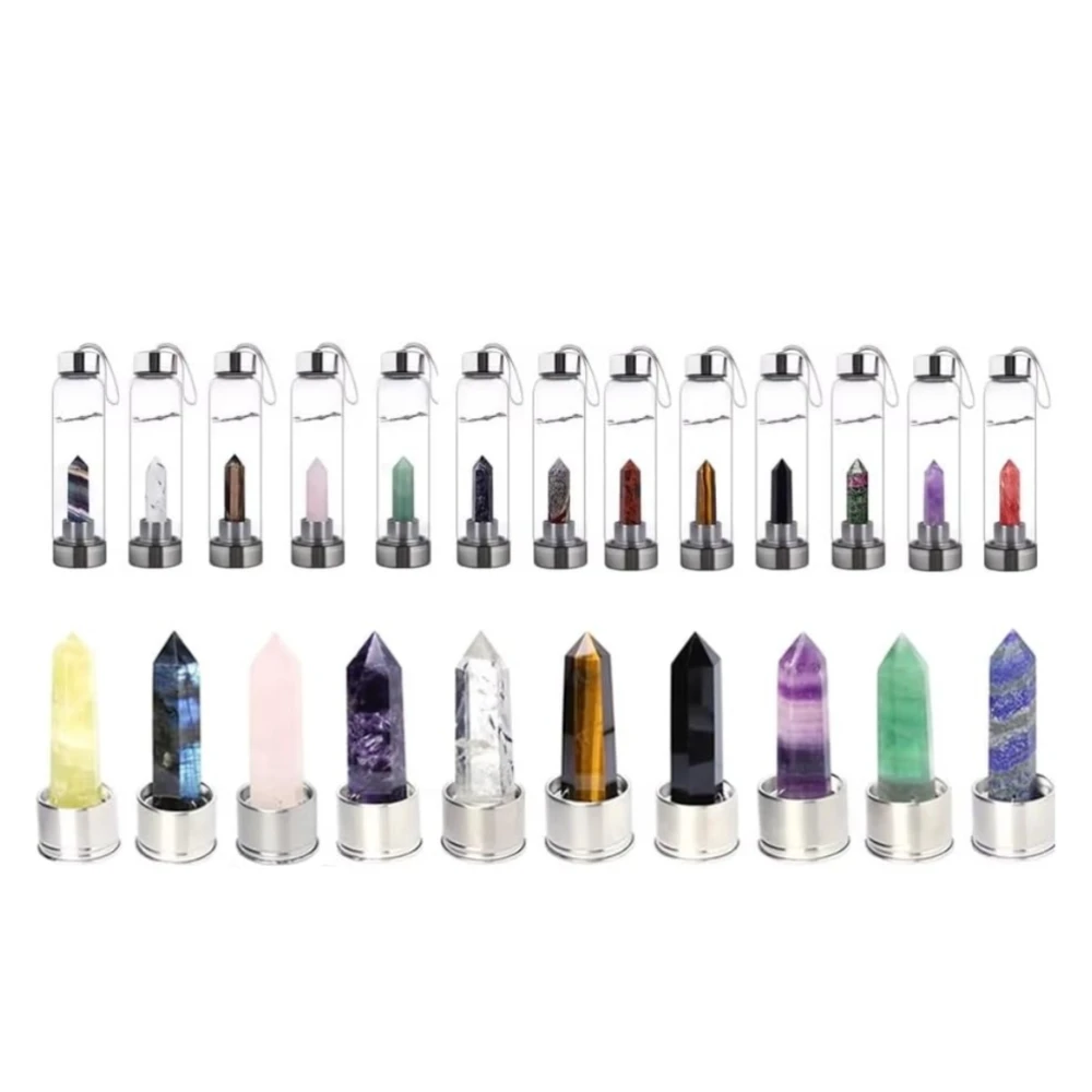 Agatesvibe Crystal Elixir Water Bottle 500ml Natural Gemstone Glass Bottle with Point Obelisk Wand & Leak Proof Stainless Steel Cap for Infused Gemwater (Amethyst)
