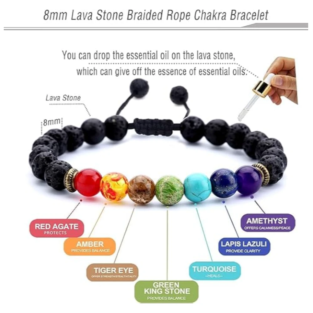 Agates Vibe 8mm Lava Rock Lava Rock 7 Chakra Beads Bracelet for Men & Women – Braided Rope Agate Stone Healing Energy Bangle (1-lava Chakra)