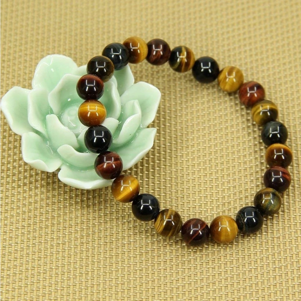 Agatesvibe Handmade Gem Semi Precious Gemstone 8mm Round Beads Stretch Bracelet 8mm Bead Size (Multicolor Tiger Eye)