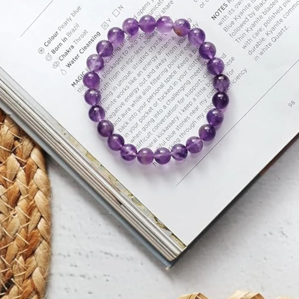 Agatesvibe Handmade Gem Semi Precious Gemstone 8mm Round Beads Stretch Bracelet 8mm Bead Size (Light Amethyst)