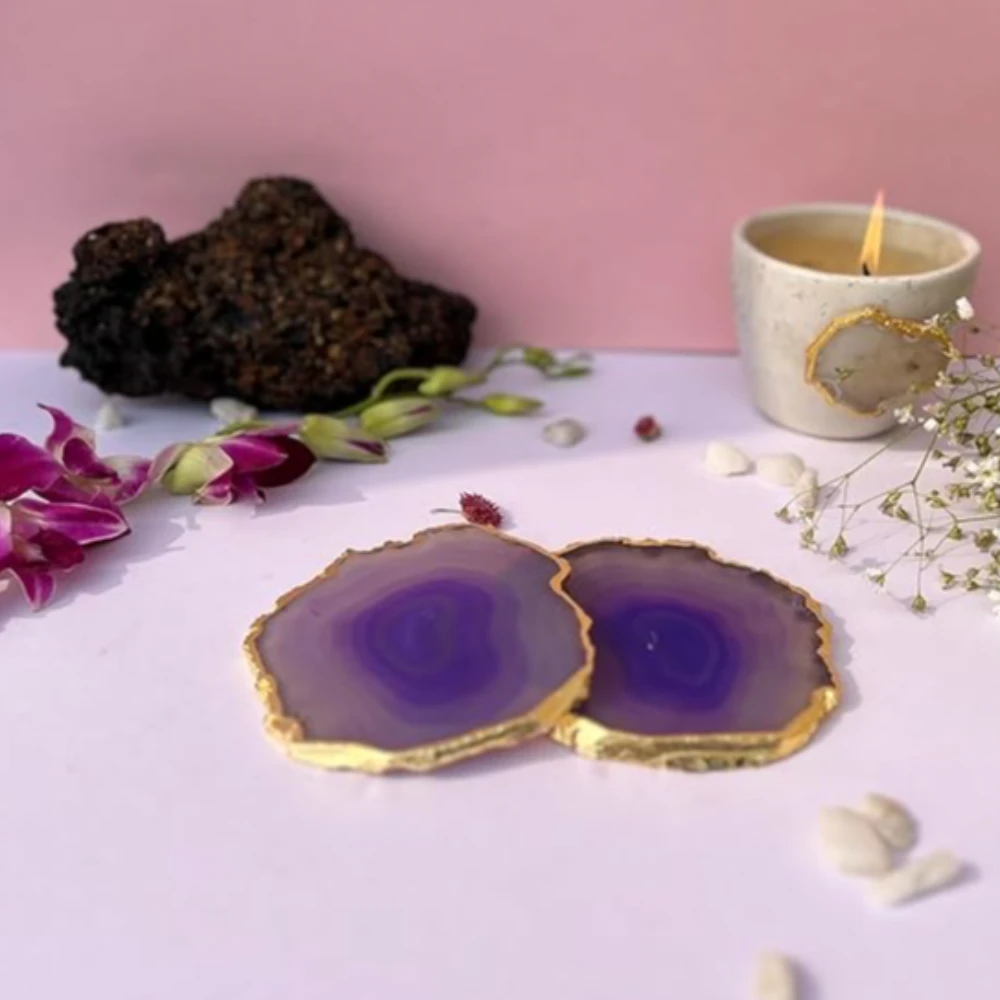 Agatesvibe Brazilian Agate Stone Coaster Beautiful Coaster Fit for Tea Cups Coffee Mugs and Glasses Perfect Table Accessories Tableware (Pack of 1) (Purple Agate Set of 2)
