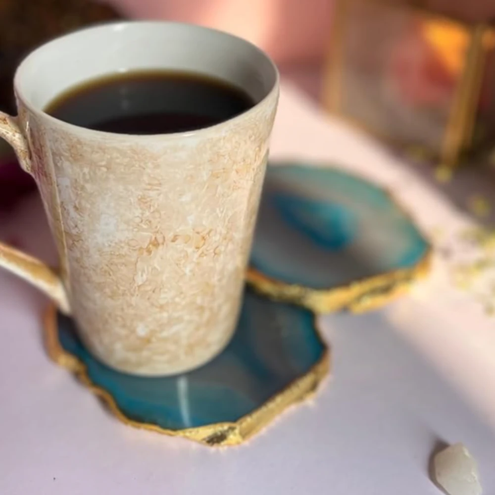 Agatesvibe Brazilian Agate Stone Coaster Beautiful Coaster Fit for Tea Cups Coffee Mugs and Glasses Perfect Table Accessories Tableware (4, Turquoise)