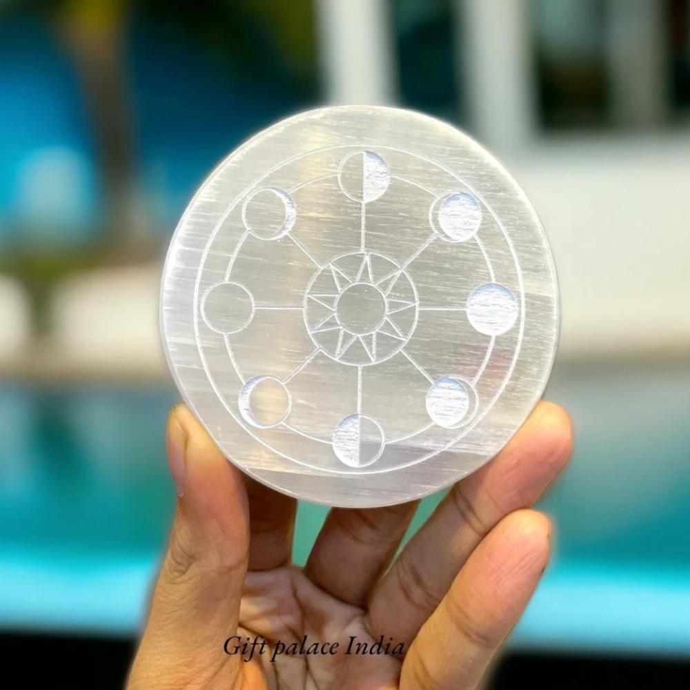 Agatesvibe Handcrafetd Natural Selenite Charging Plate in Round Shape with Engraved Symbol of Charkras Selenite Charging Plate for Postive Energy and Charger (Selenite Cleansing Plate)