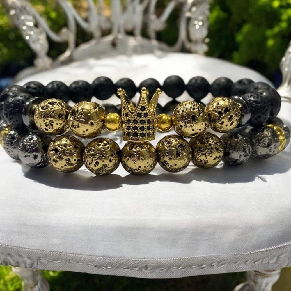 Agatesvibe Kings and Queens Golden and Silver Lava Stone Bracelets Drop your Favourite fragrance into Lava Stone and Gift that Your Loved One (Pack of 2)