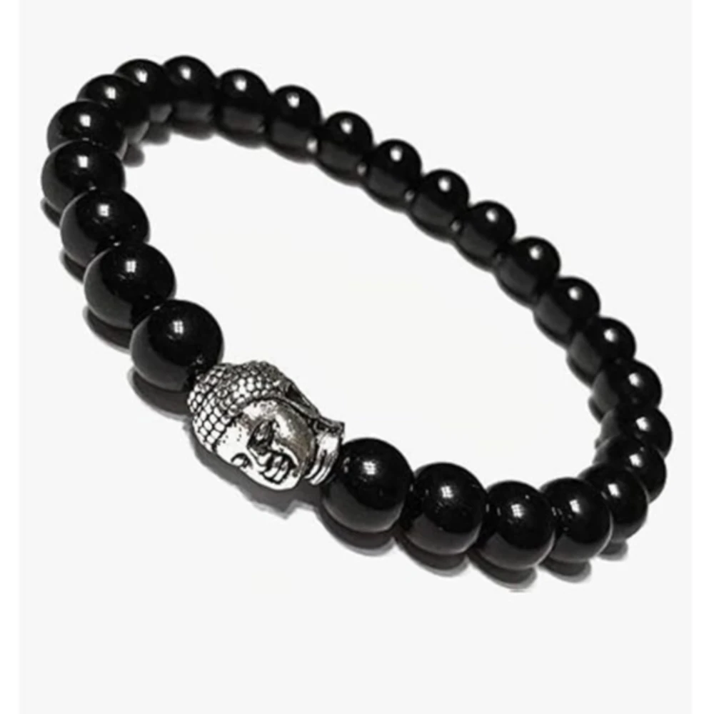 Agatesvibe Buddha Natural Crystal Healing Gemstone Chakra Bracelet Charm Jewelry for Men & Women, Bead Size 8 mm,(PAck of 1) (Black Onyx with Buddha Head)