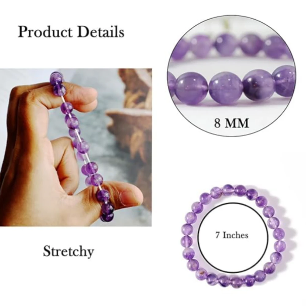 Agatesvibe Crystal Bracelet for Men & Women (8mm) | Gemstone Round Beads Bracelet for Girls | Elastic Casual Bracelet for Boys | Natural Reiki Feng Shui Healing Stone Bracelet for Unisex Adults (PAck of 1) (Amethyts)