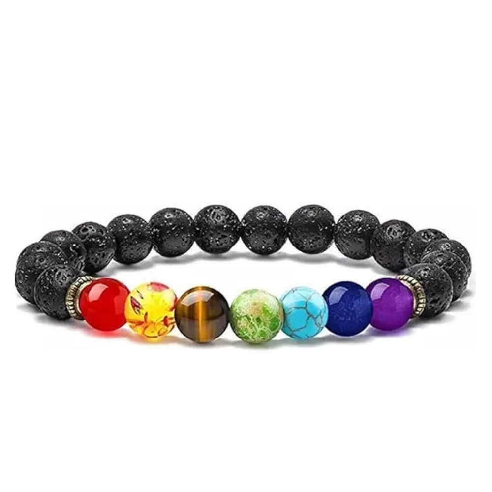 Agatesvibe Lava Rock 7 Chakra Bracelets 8mm Healing Stones Yinyang Rock Bead Elastic Natural Stones Gemstones Oil Diffuser Yoga Beads for Men Women Girls Jewelry (Pack of 1)