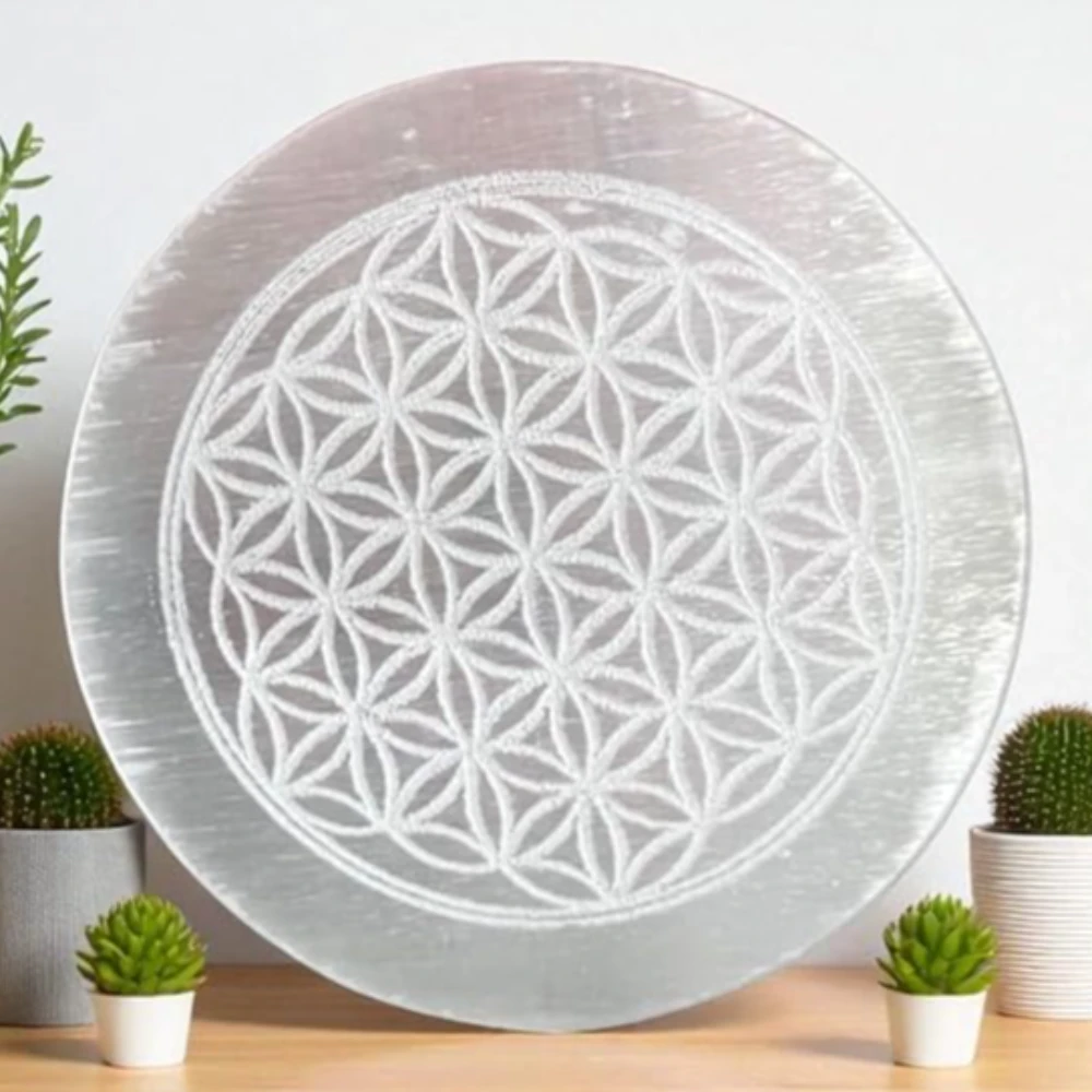 Agatesvibe Selenite Crystal Charging Plate – Engraved Sri Yantra Selenite Plate for Crystal Cleansing, Energy Recharging, & Pooja Rituals (Pack of 1) (Om Flower of Life, 3 Inch)