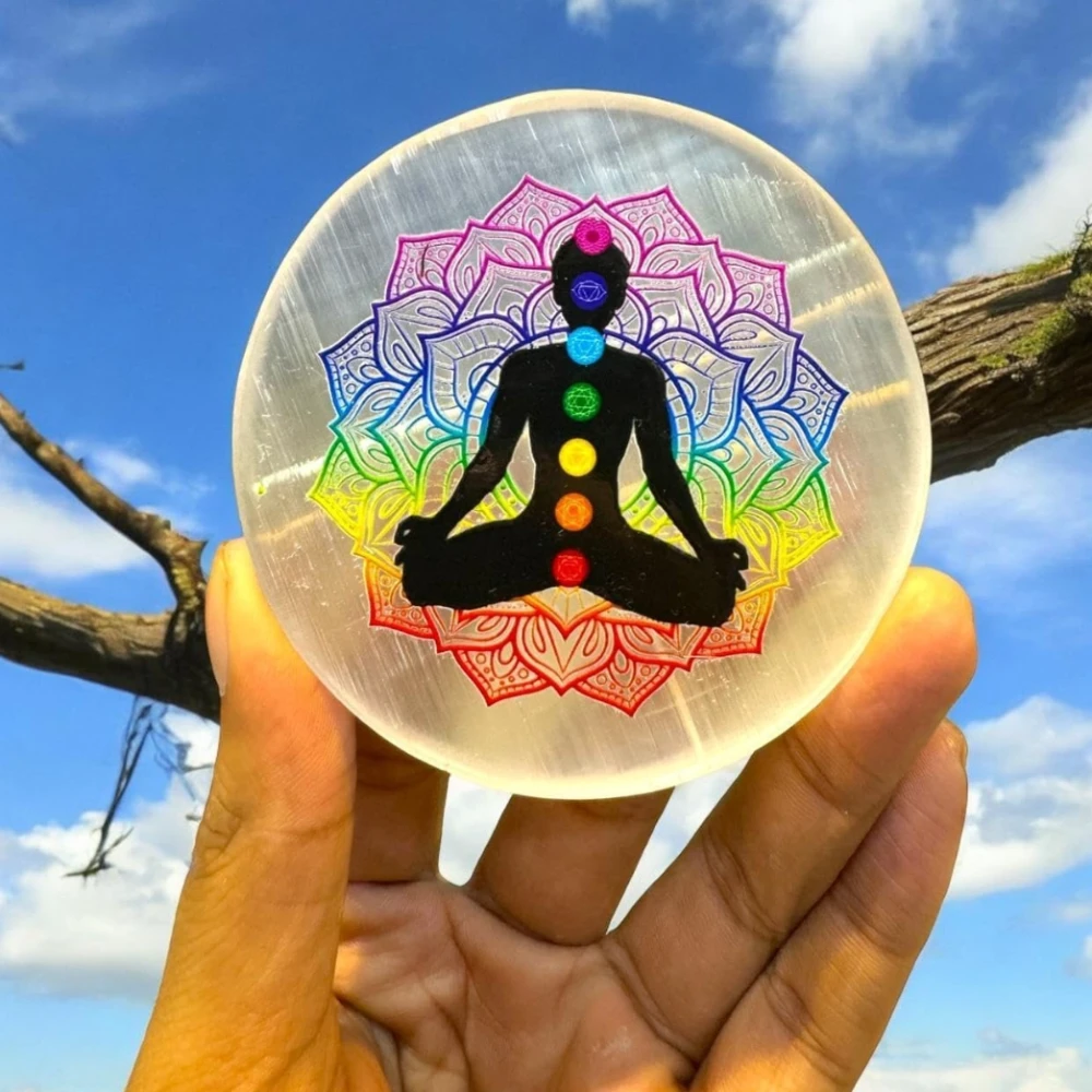 Agatesvibe Round Selenite Crystal Charging Plate - Natural Selenite Stone for Crystal Charging & Vastu (Tree)