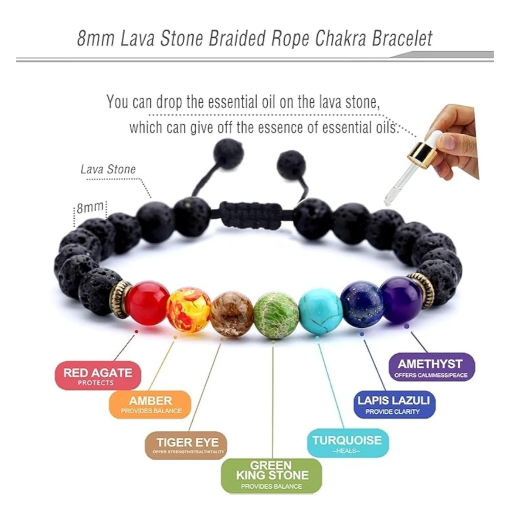 Agates Vibe 8mm Lava Rock Lava Rock 7 Chakra Beads Bracelet for Men & Women – Braided Rope Agate Stone Healing Energy Bangle (2 Pcs Set)