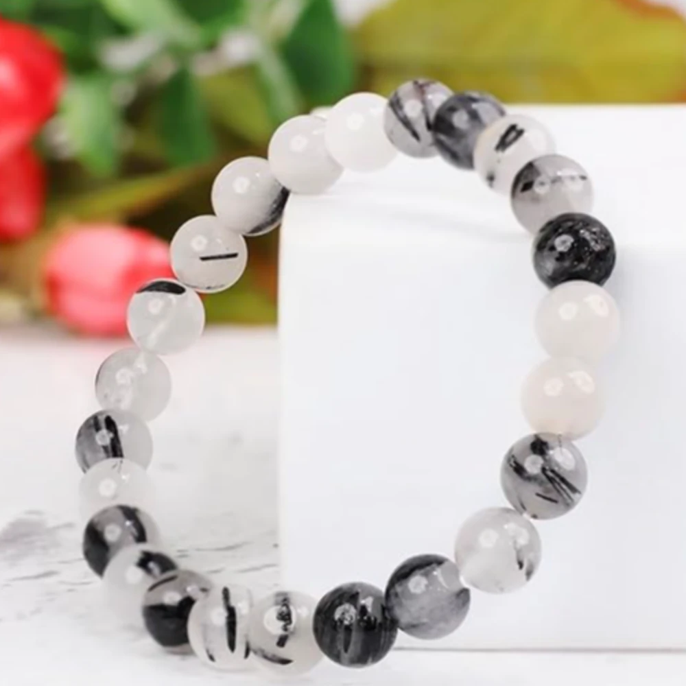 Agatesvibe Crystal Bracelet for Men & Women (8mm) | Gemstone Round Beads Bracelet for Girls | Elastic Casual Bracelet for Boys | Natural Reiki Feng Shui Healing Stone Bracelet for Unisex Adults (PAck of 1) (Black Rutilated)
