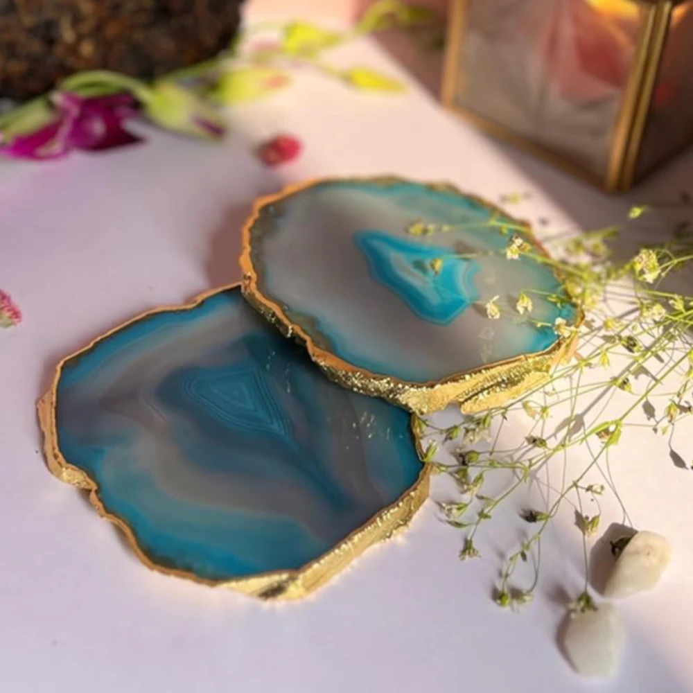 Agatesvibe Brazilian Agate Stone Coaster Beautiful Coaster Fit for Tea Cups Coffee Mugs and Glasses Perfect Table Accessories Tableware (4, Turquoise)