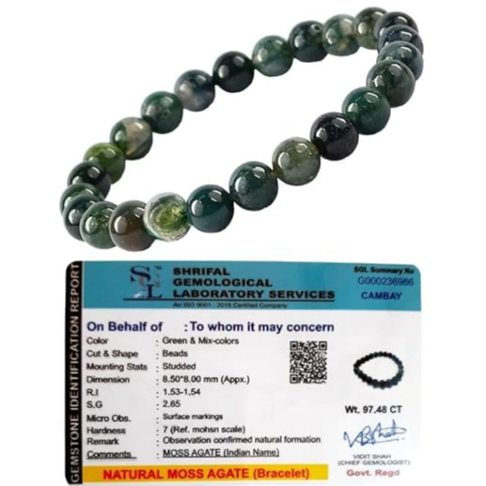 Agatesvibe Natural Certified 8mm Healing Crystal Bracelet | Stretchable, Suitable for Men and Women | for Chakra Balancing, Inner Peace, Abundance, and overall Well-being (Pack of 1) (Moss Agate)