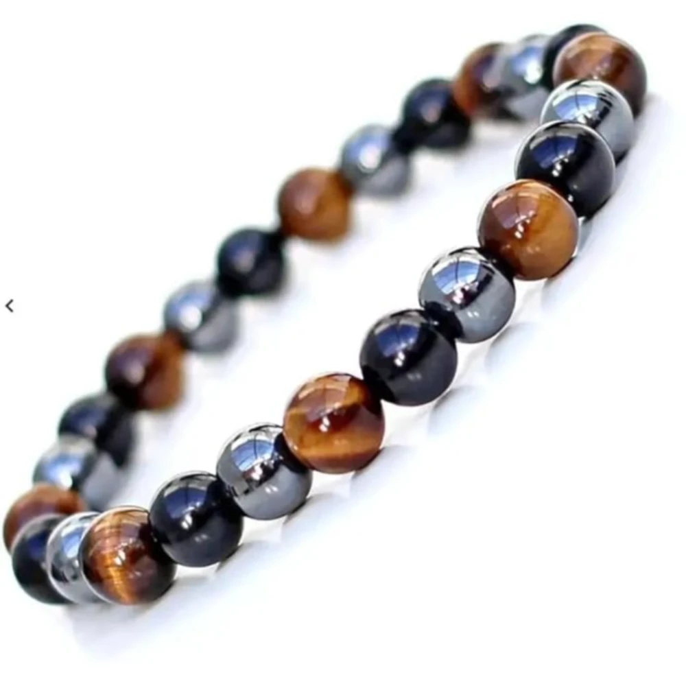 Agatesvibe Triple Protection Bracelet, Genuine Tigers Eye Black Obsidian and Hematite 8mm Beads Bracelet for Men Women, Crystal Jewelry Healing Bracelets Bring Luck and Prosperity and Happiness