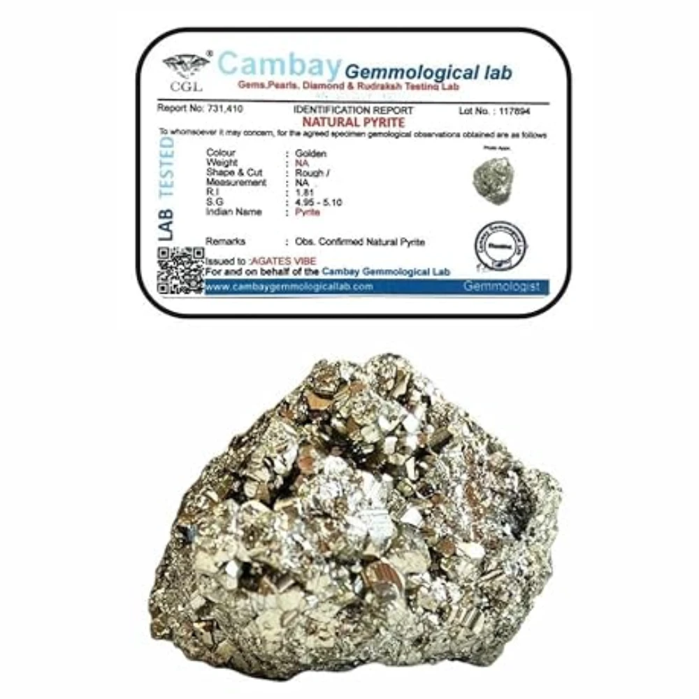 Agatesvibe Natural Energised Golden Pyrite Cluster Grade - Original Stone for Healing, Willpower, Money Manifestation, Vastu, and Business - Certified (Pack Of 1) (40-80 Gram)