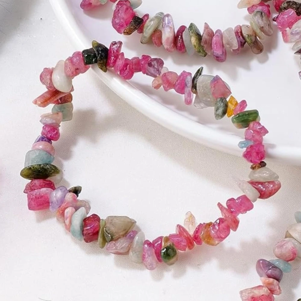 Agatesvibe Crystals Stretch Bracelet Irregular Beads Stretch Healing Crystals Chips Natural Gemstone for Women Jewelry Reiki Meditation (Pack of 1) (Tourmaline)