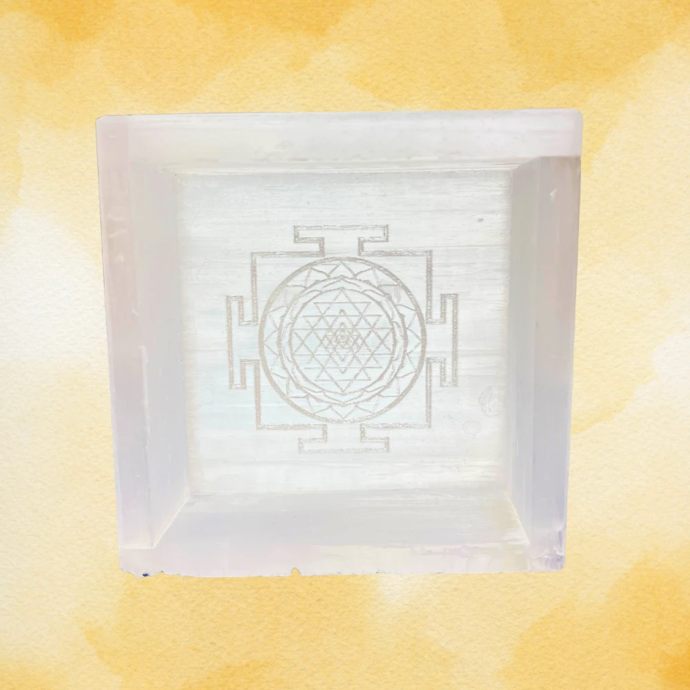 Natural Selenite Charging Box with Handcarved Shree Yantra