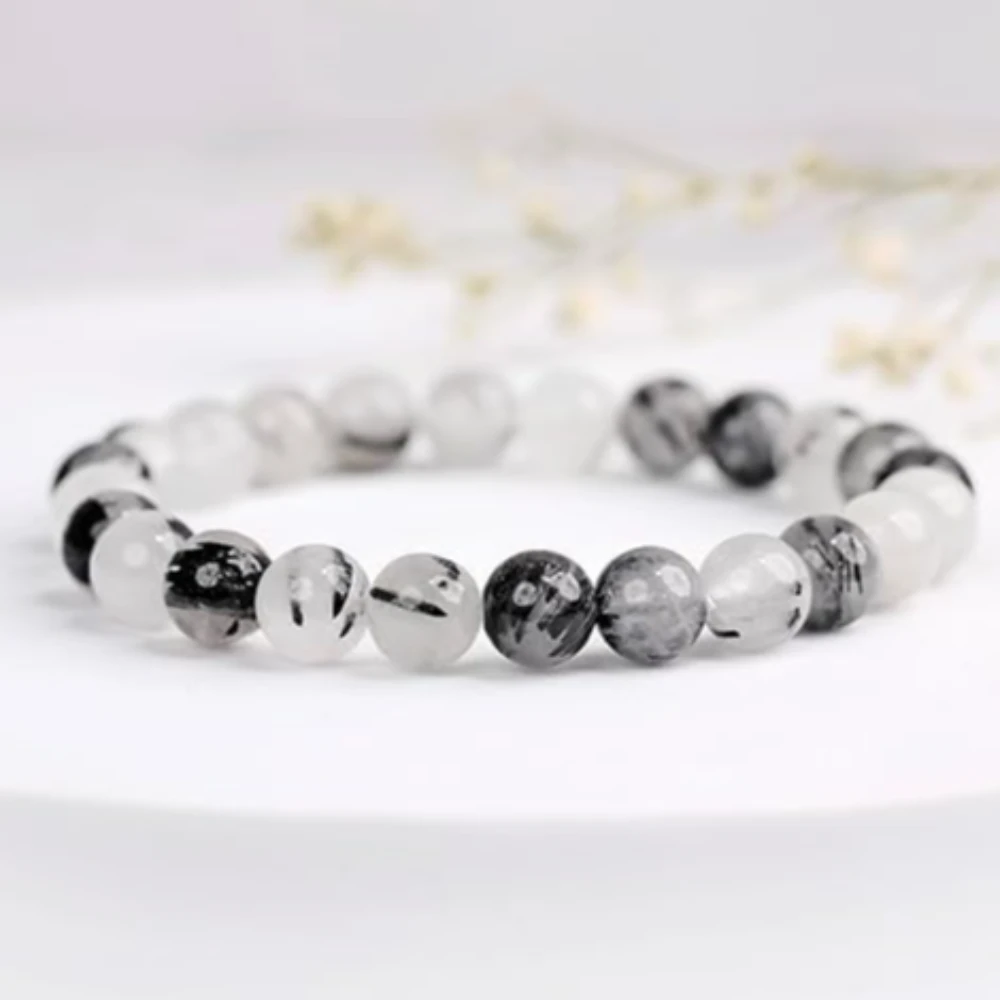 Agatesvibe Handmade Gem Semi Precious Gemstone 8mm Round Beads Stretch Bracelet (Black Rutilated)