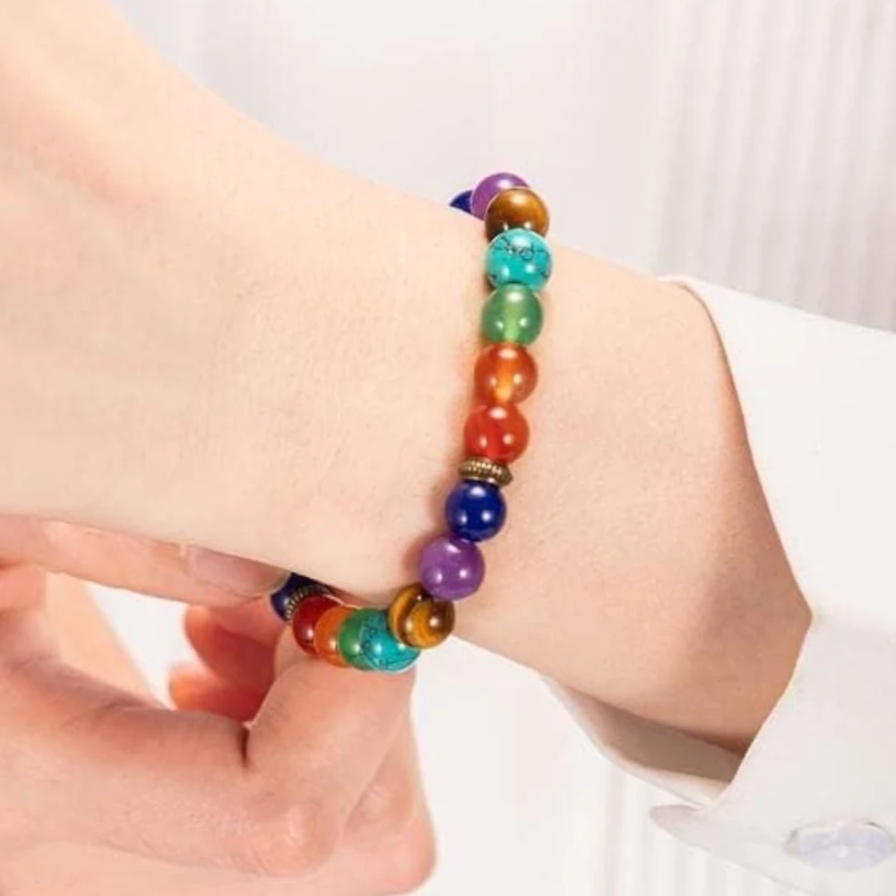 Agatesvibe "7 Chakra Healing Bead Bracelet – Natural Stone Yoga Energy Balancing Bracelet for Meditation, Reiki, Stress Relief – Unisex Adjustable Bangle(Pack of 1) (Colorful Gemstone Agate 09)