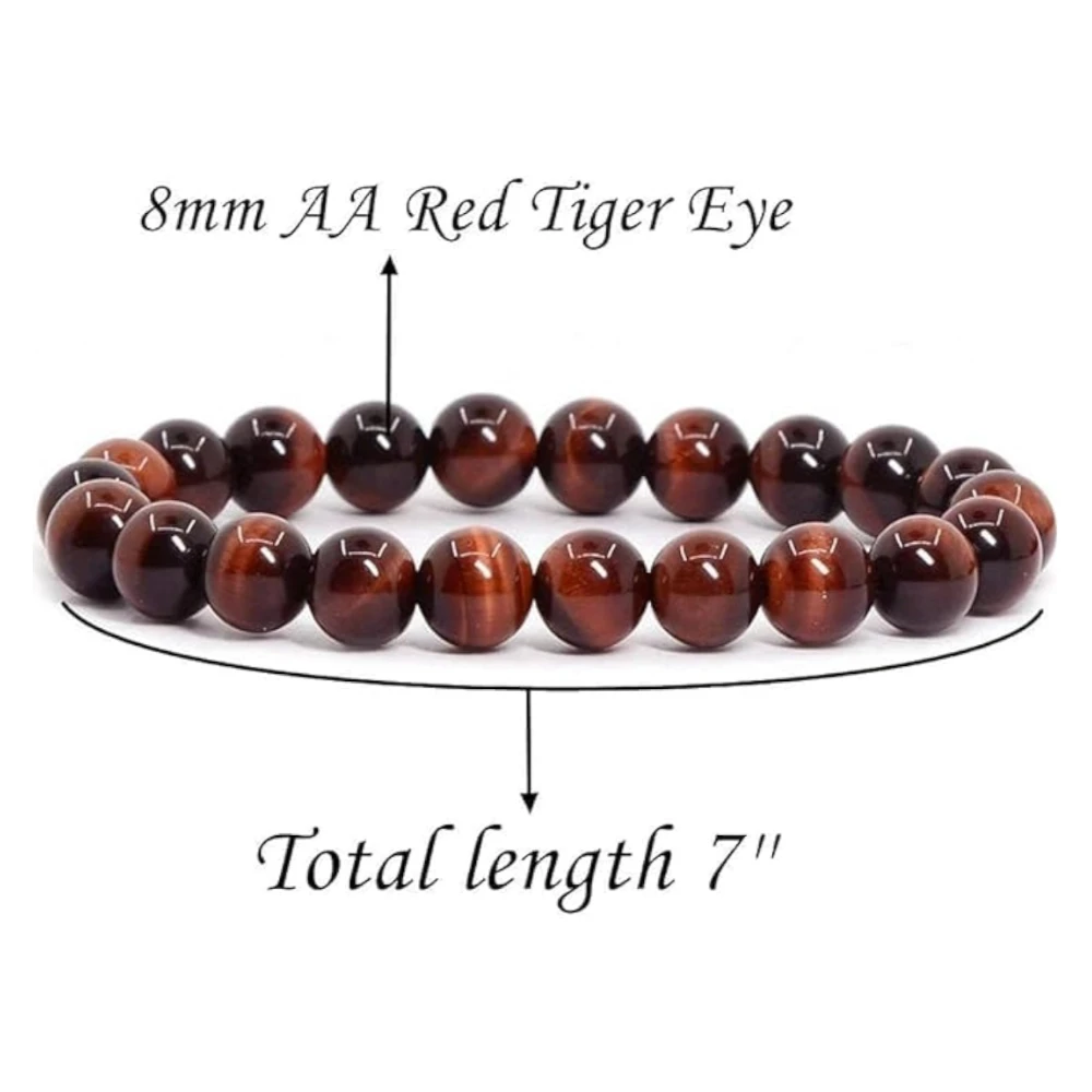 Agatesvibe Handmade Semi-Precious Gemstone Beaded Bracelet – 8mm Round Stretch Bracelet (7") for Unisex (Pack of 1) (Red Tiger's Eye)