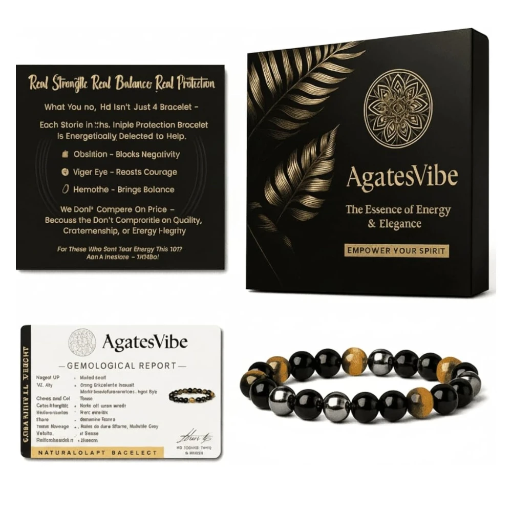 Certified Original Triple Protection Bracelet – Hematite, Obsidian & Tiger Eye Crystal with Activation Card, Authenticity Certificate, Negative Energy Protection for Men & Women