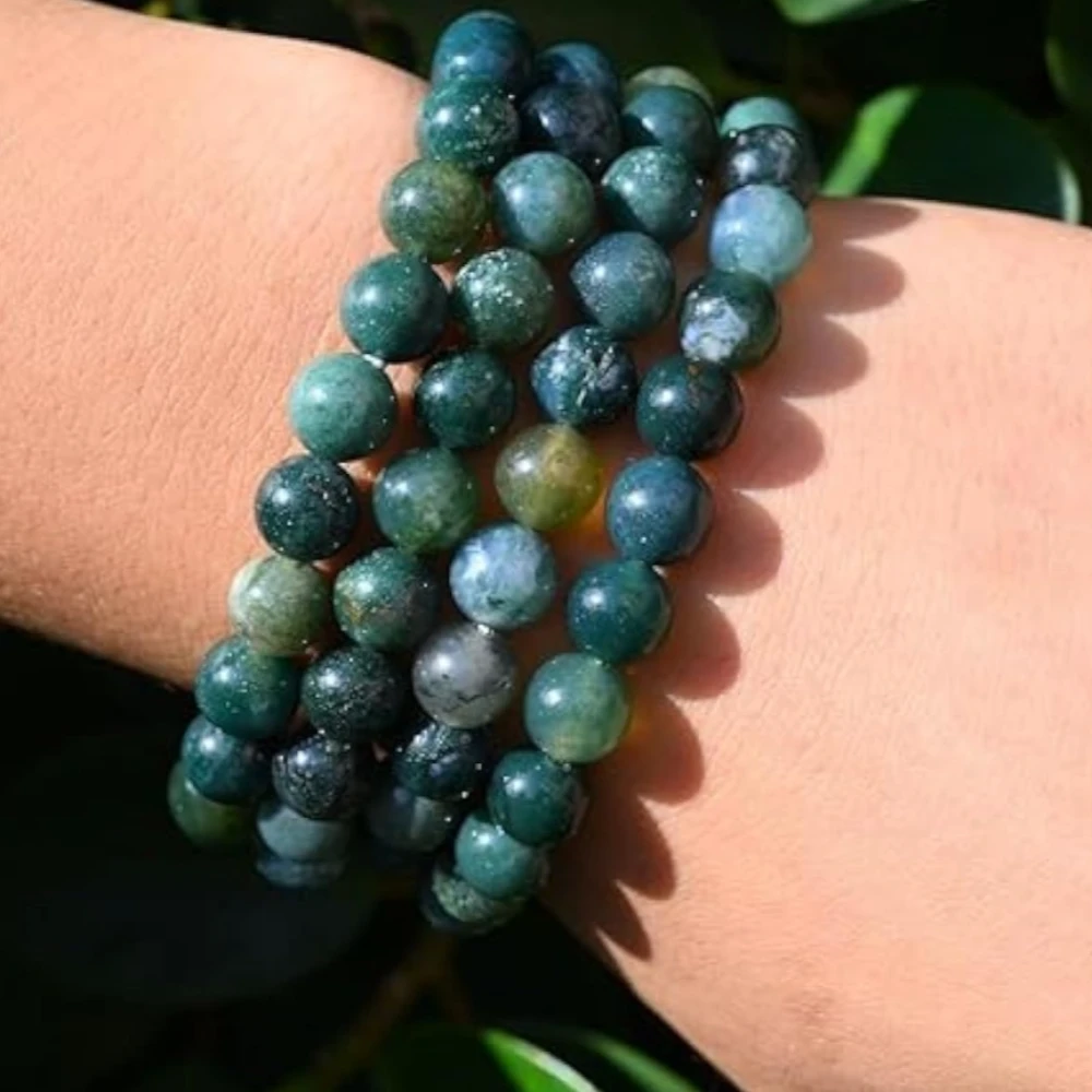 Agatesvibe Natural Certified 8mm Healing Crystal Bracelet | Unisex Stretchable Design | Chakra Balancing, Inner Peace & Abundance for Overall Well-being (Pack of 1) (Moss Agate)