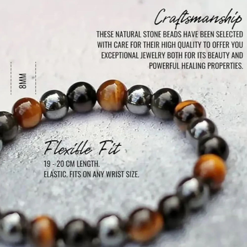 Agatesvibe Triple Protection Bracelet, Genuine Tigers Eye Black Obsidian and Hematite 8mm Beads Bracelet for Men Women, Crystal Jewelry Healing Bracelets Bring Luck and Prosperity and Happiness